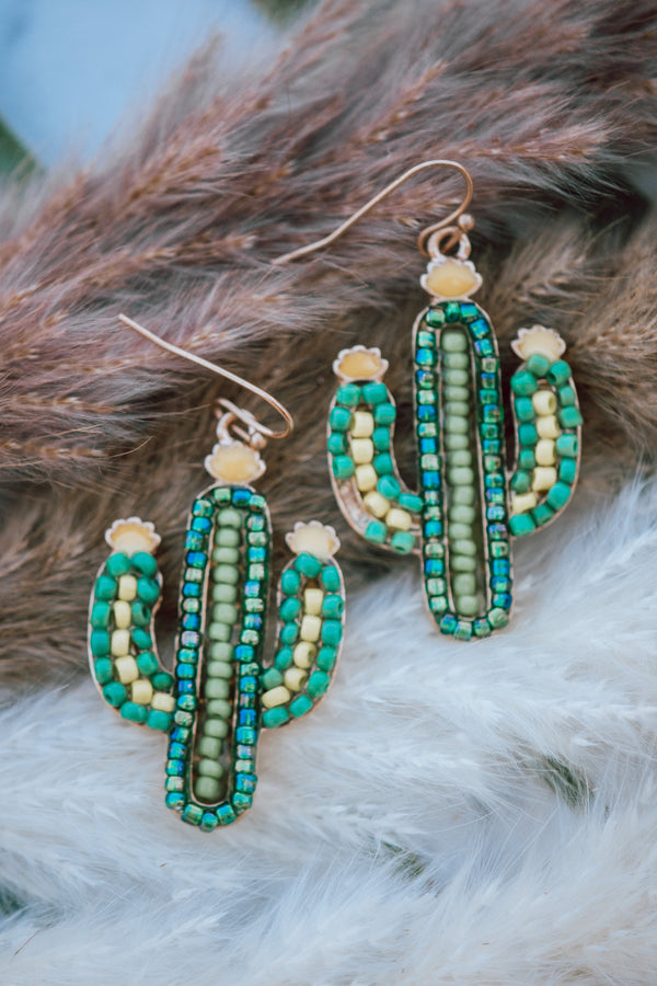 Beaded Cactus Dainty Drop Earrings in Green