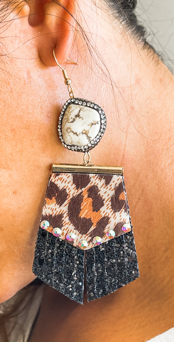Leopard Print Faux Leather Stone Dangle Western Boho Earrings
