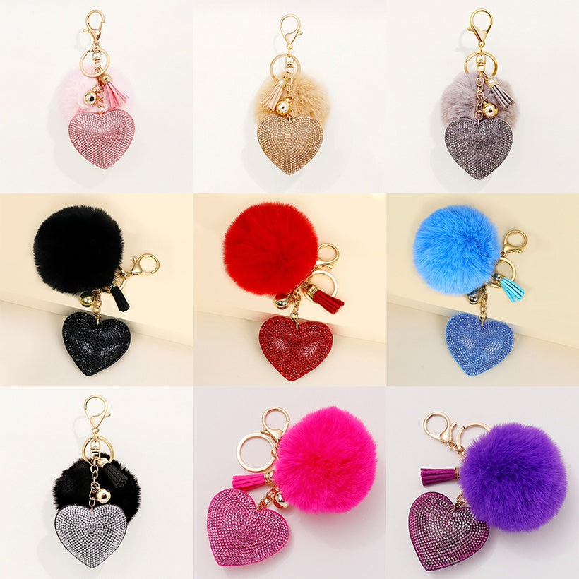 Cute Plush Heart Pendant Key Chains With Small Tassel Pompom