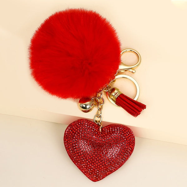 Rhinestone Valentine Hearts Key Chain with Plush Pom Pom