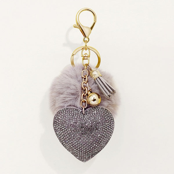 Rhinestone Valentine Hearts Key Chain with Plush Pom Pom