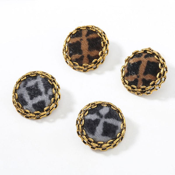 Autumn Round Gold Setting Lace Round Leopard Print Earrings