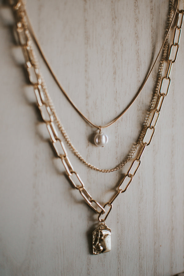 B9 Half Face Pearl Layered Necklace in Gold Plating