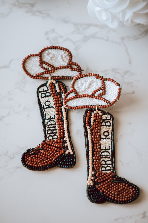 Bride to Be Seed Bead Earrings in Khaki Boots Cowboy Hat