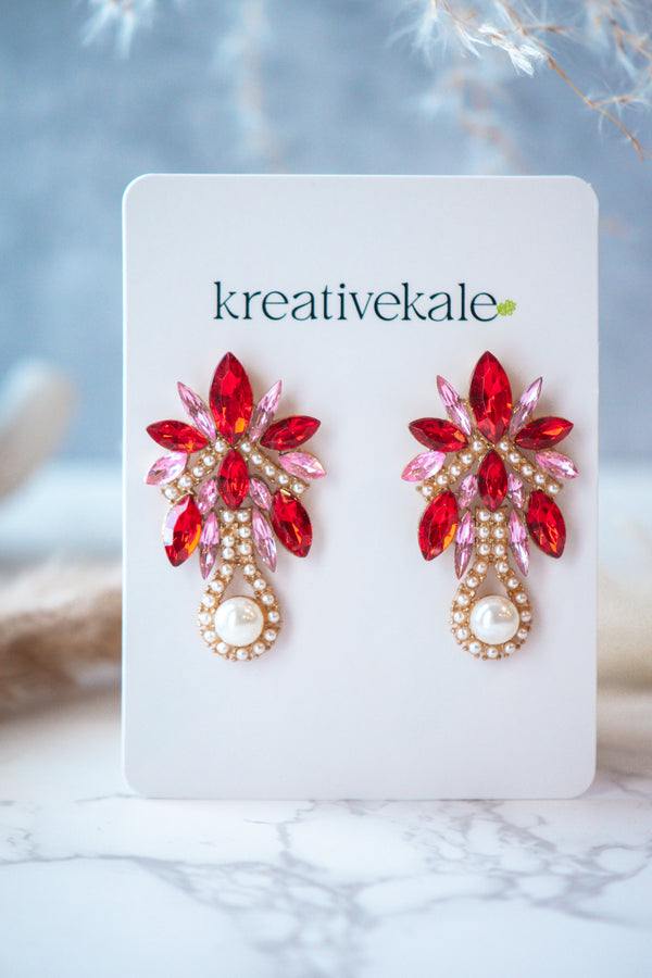 Ali - Red Pearl Crystal  Drop Earrings