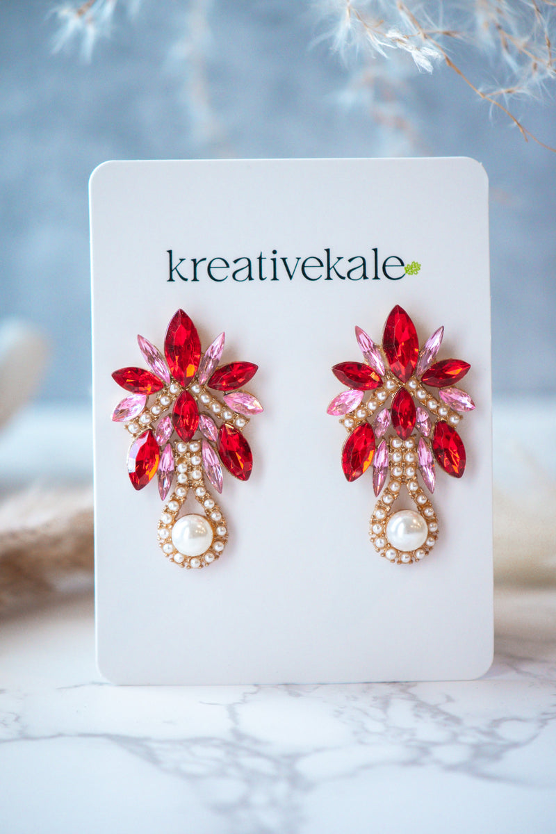 Ali - Red Pearl Crystal  Drop Earrings