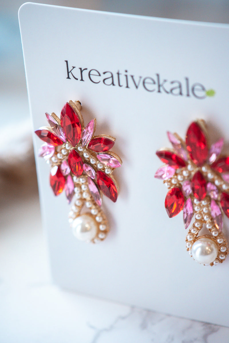 Ali - Red Pearl Crystal  Drop Earrings