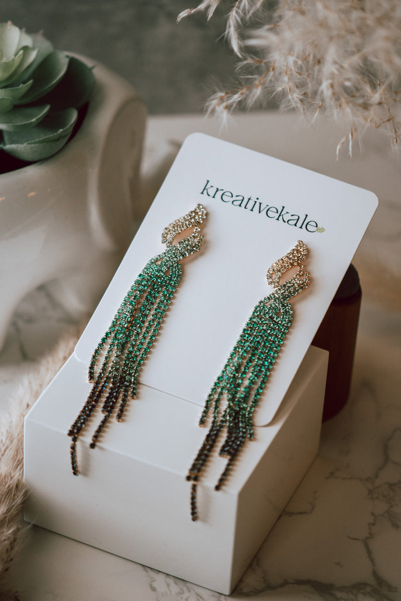 Chandelier Rhinestones Tassel Earrings in Gradient Sea Green