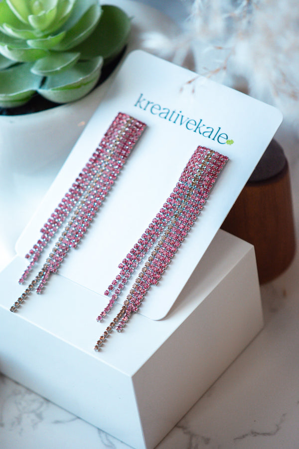 Chandelier Rhinestones Drop Earrings in Rose Pink