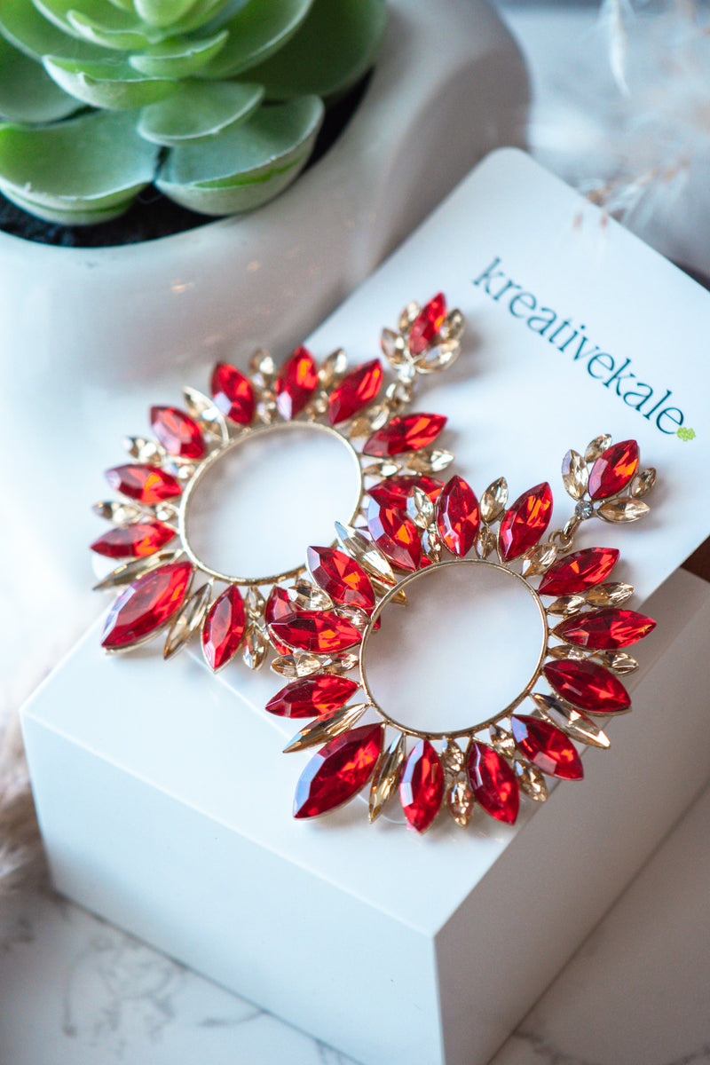 Berry - Rhinestones Red Round Drop Crystal Earrings
