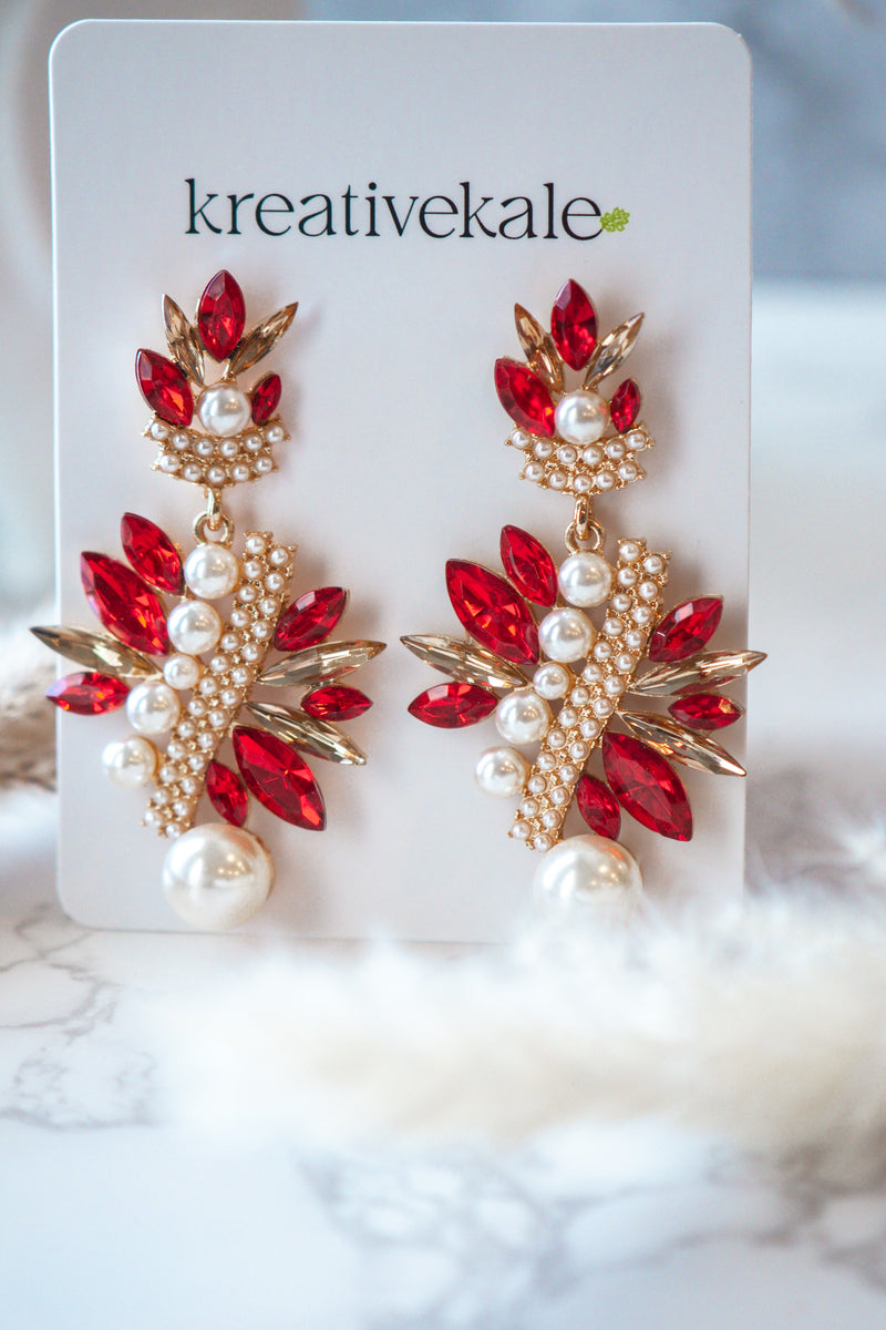 Very Milly- Rhinestones Pearl Red Crystal Drop Earrings