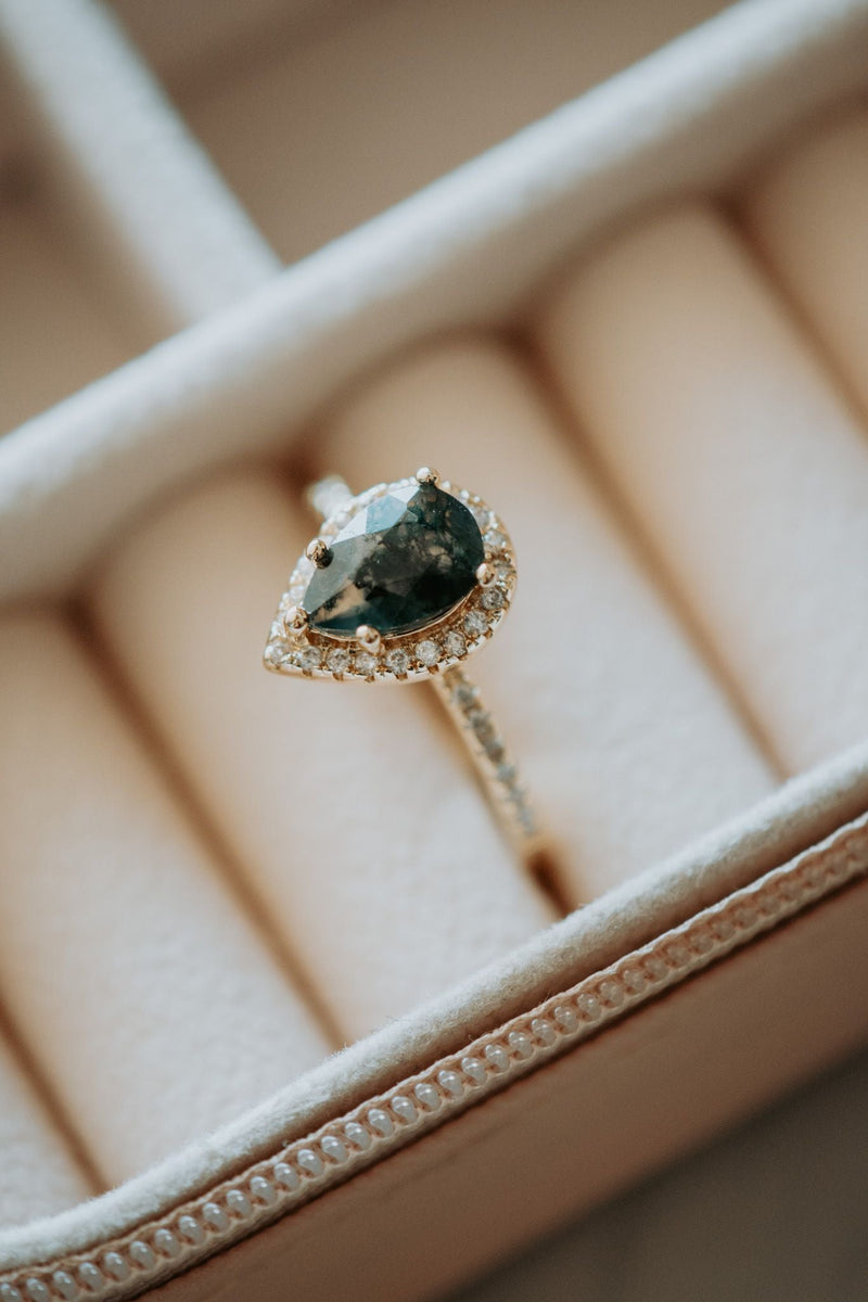 Celia Pear Cut Moss Agate Gold Ring