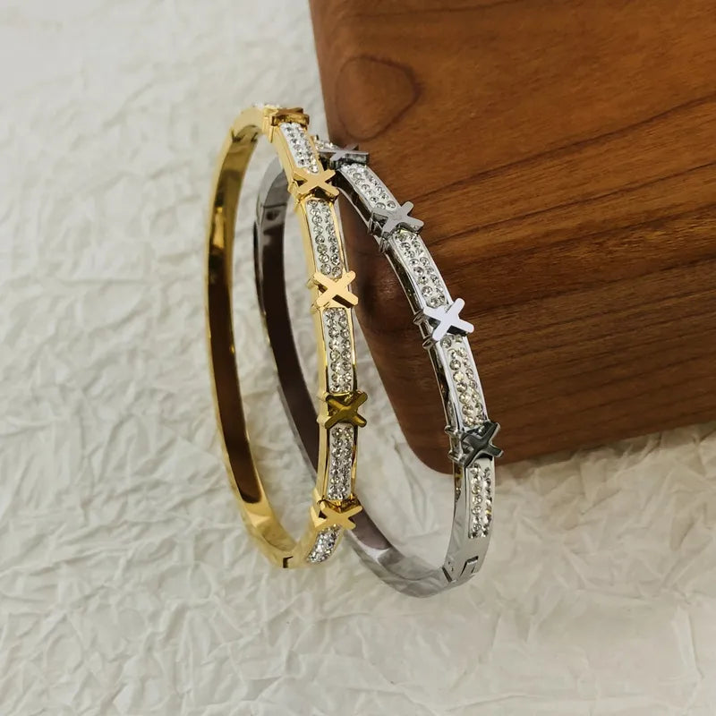 Kiss Stainless Steel Rhinestone Bangle Bracelet