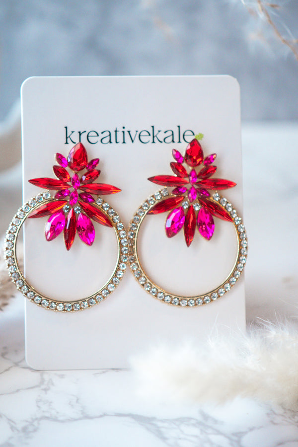 Cami - Red and Pink Rhinestones Round Crystal Earrings
