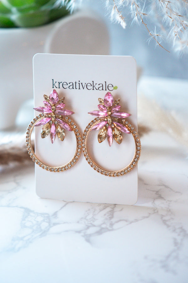 Cami - Pink and Gold Rhinestones Round Crystal Earrings