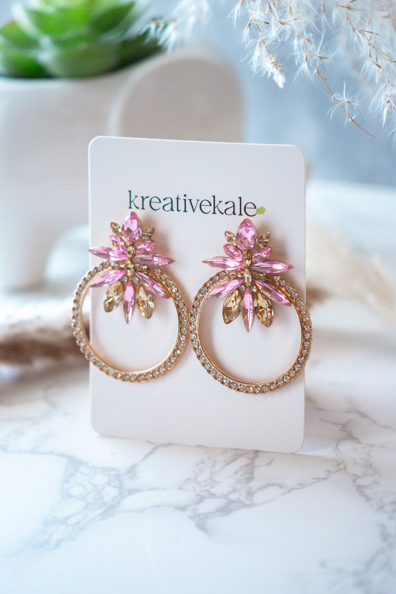 Cami - Pink and Gold Rhinestones Round Crystal Earrings