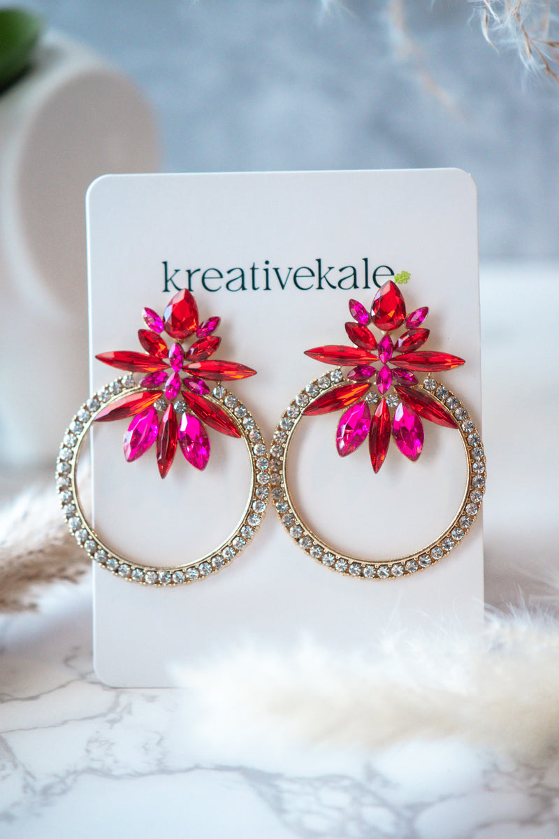 Cami - Red and Pink Rhinestones Round Crystal Earrings