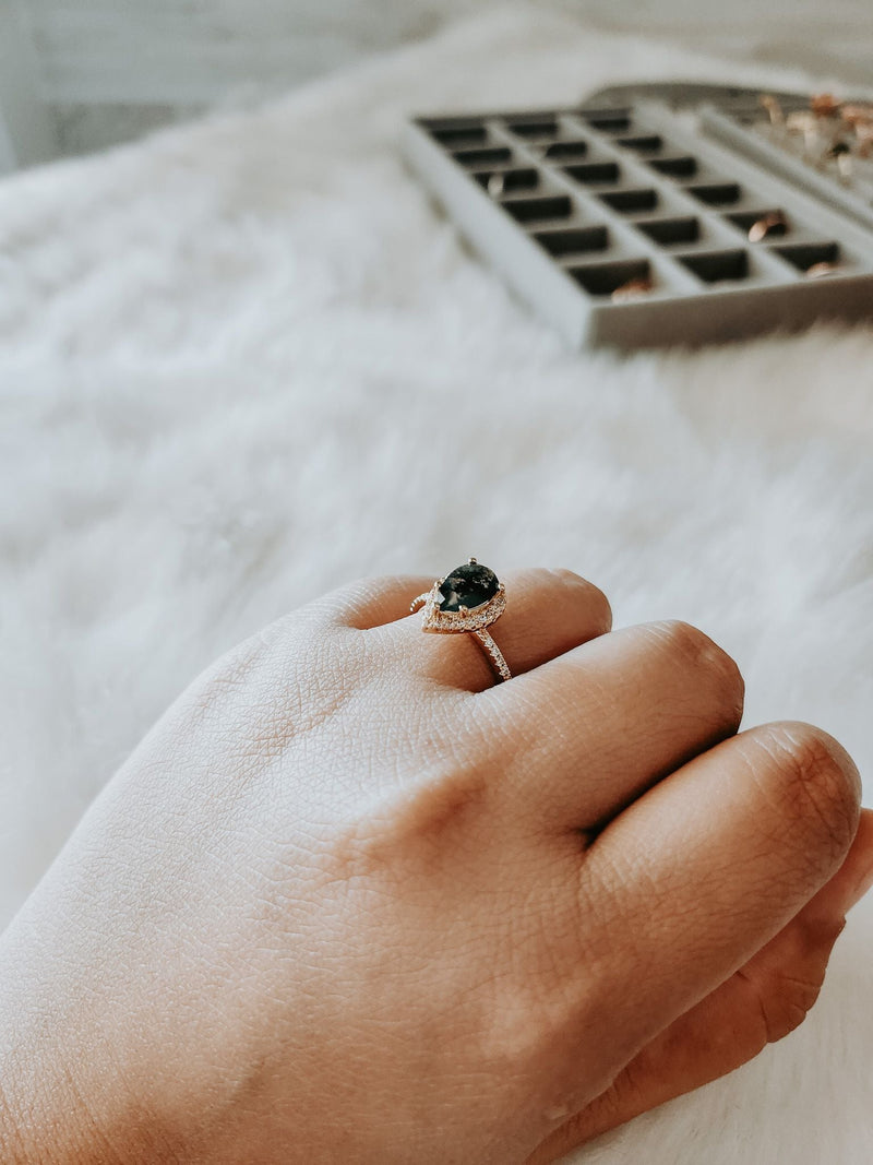 Celia Pear Cut Moss Agate Gold Ring