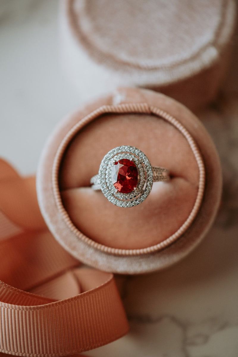 Kate Ruby Oval Halo Sterling Silver Ring