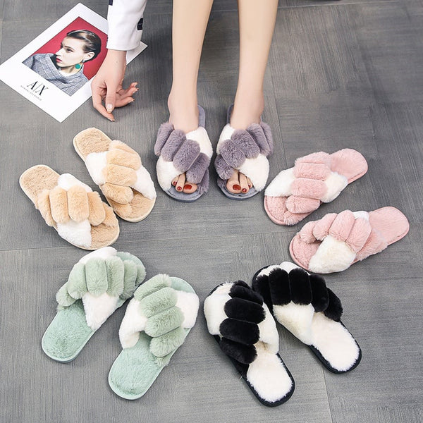 Women's Soft Plush Fury Cozy Cross Band House Slippers