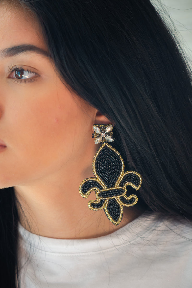 Mardi Gras Black and Gold Fleur-De-Lis Beaded Earrings