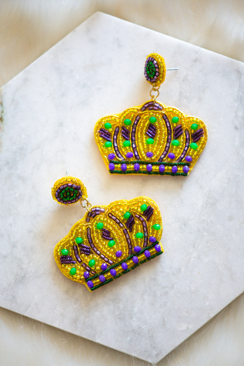 Mardi Gras Kings Crown Felt Back Beaded Earrings