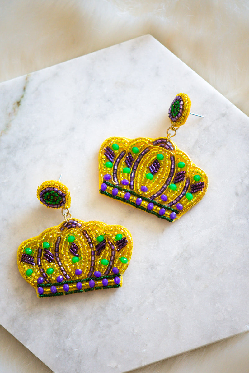 Mardi Gras Kings Crown Felt Back Beaded Earrings
