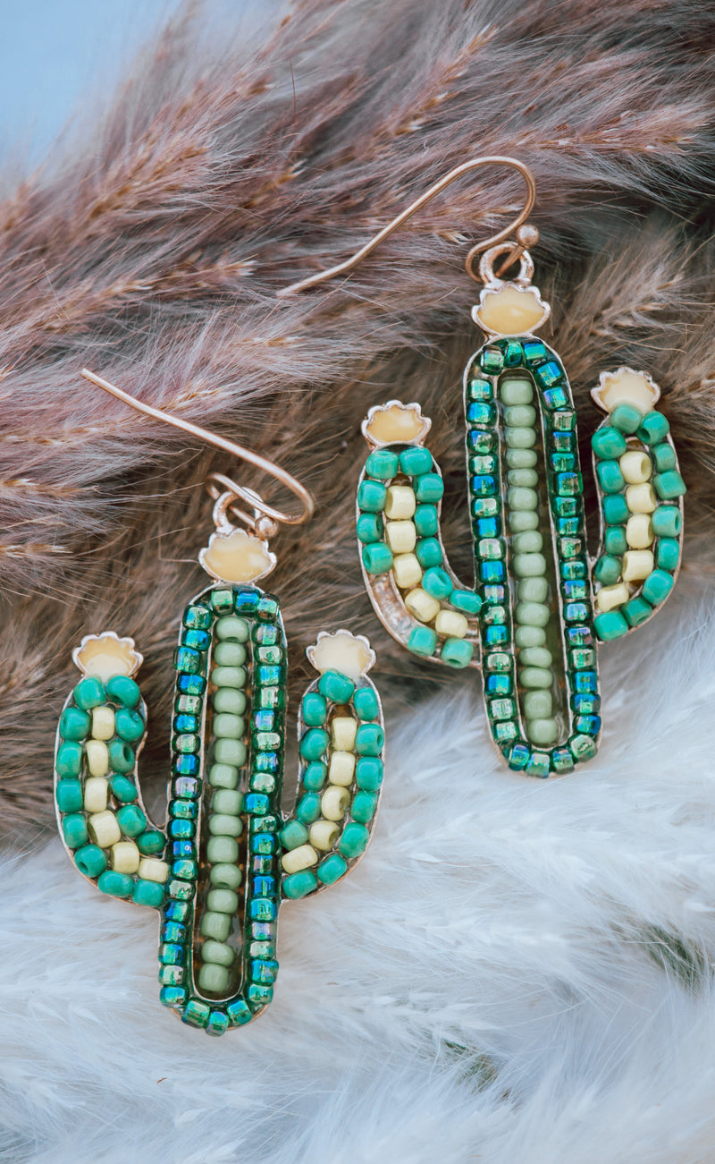 Beaded Cactus Dainty Drop Earrings in Green