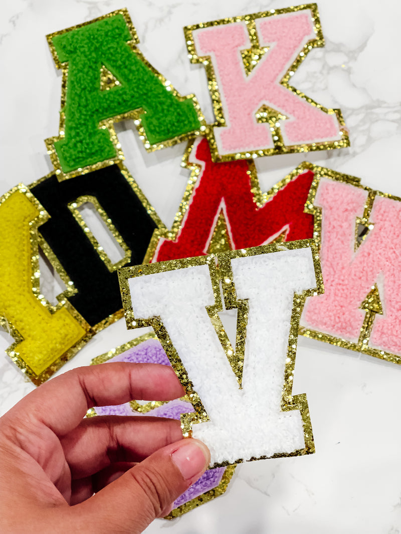 WHITE Glitter Embroidery Chenille Alphabet Initial Letter Patches