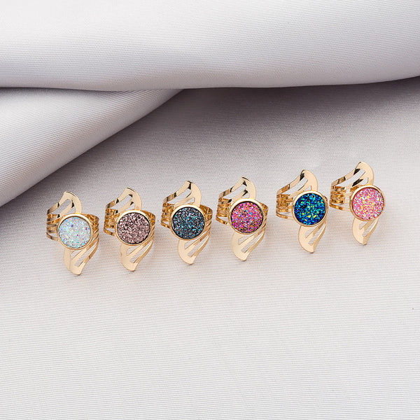 Round Gold Plated Druzy Crystal Cluster Resizable Finger Ring