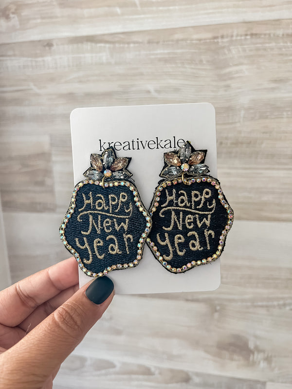 Happy New Year Embroided Drop Earrings in Silver and Black