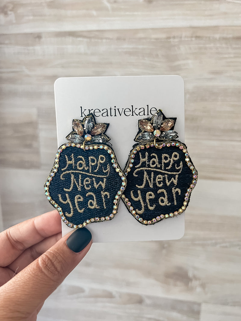 Happy New Year Embroided Drop Earrings in Silver and Black