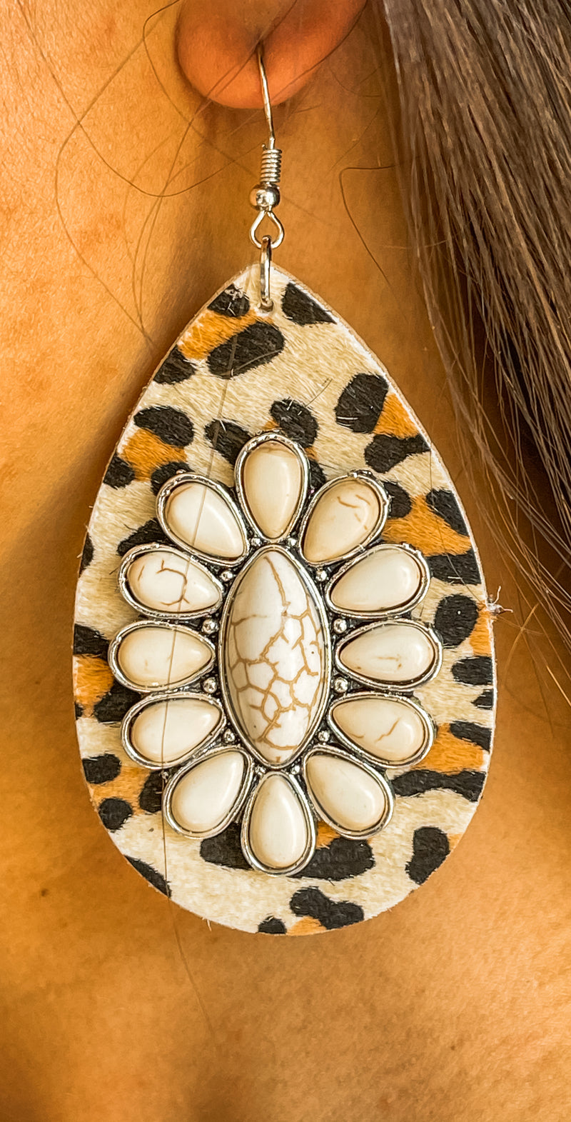 Turquoise Drop-Shaped Leather Leopard Earrings With Stone Details