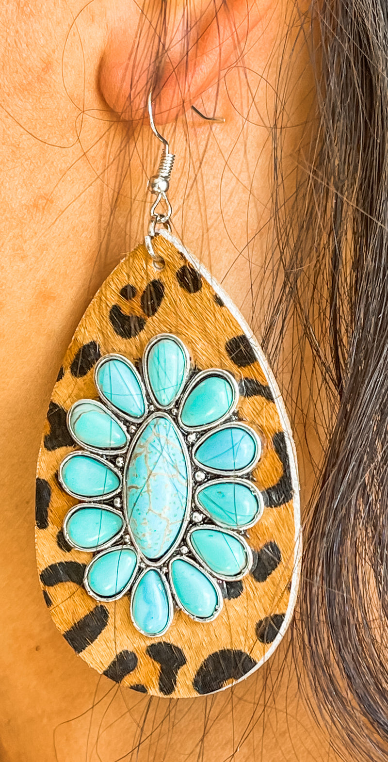 Turquoise Drop-Shaped Leather Leopard Earrings With Stone Details