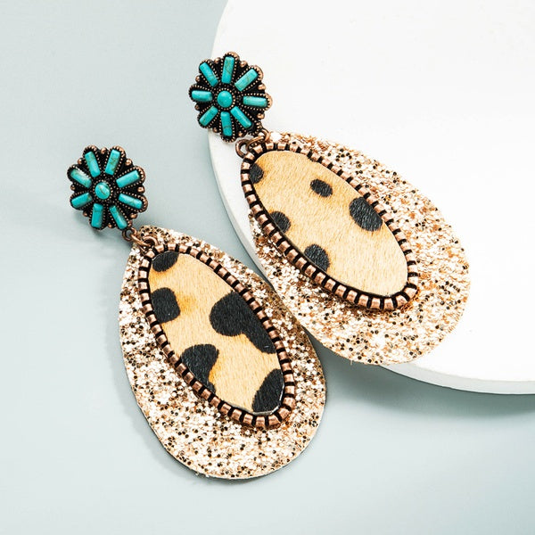 Teardrop Shaped Leopard Print Leather Earrings in Turquoise Stone