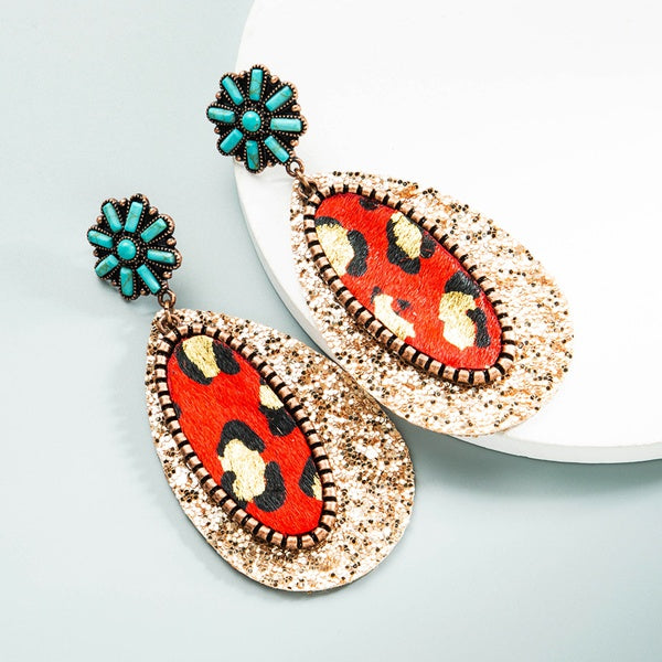 Teardrop Shaped Leopard Print Leather Earrings in Turquoise Stone
