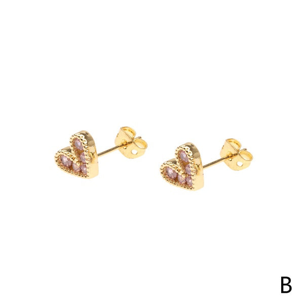 CZ Diamonds Hearts Dainty Stud Earrings - Pink