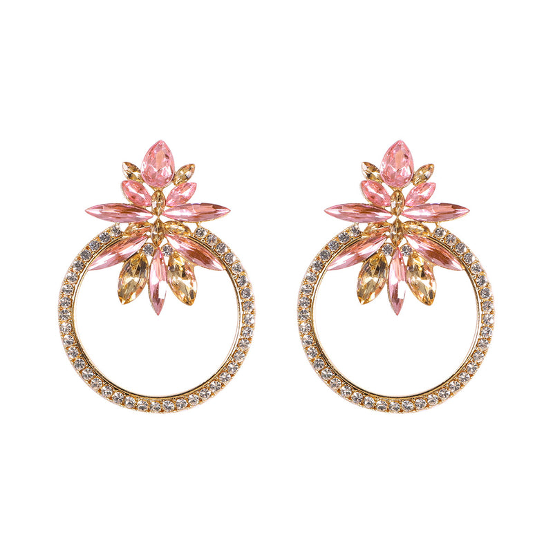 Cami - Pink and Gold Rhinestones Round Crystal Earrings