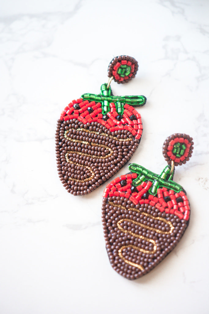 Strawberry Chocolate Seed Beaded Drop Earrings