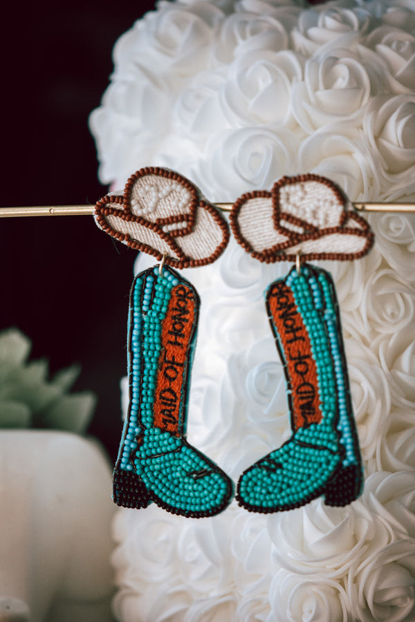 Maid of Honor Seed Bead Earrings in Turquoise Boots Cowboy Hat