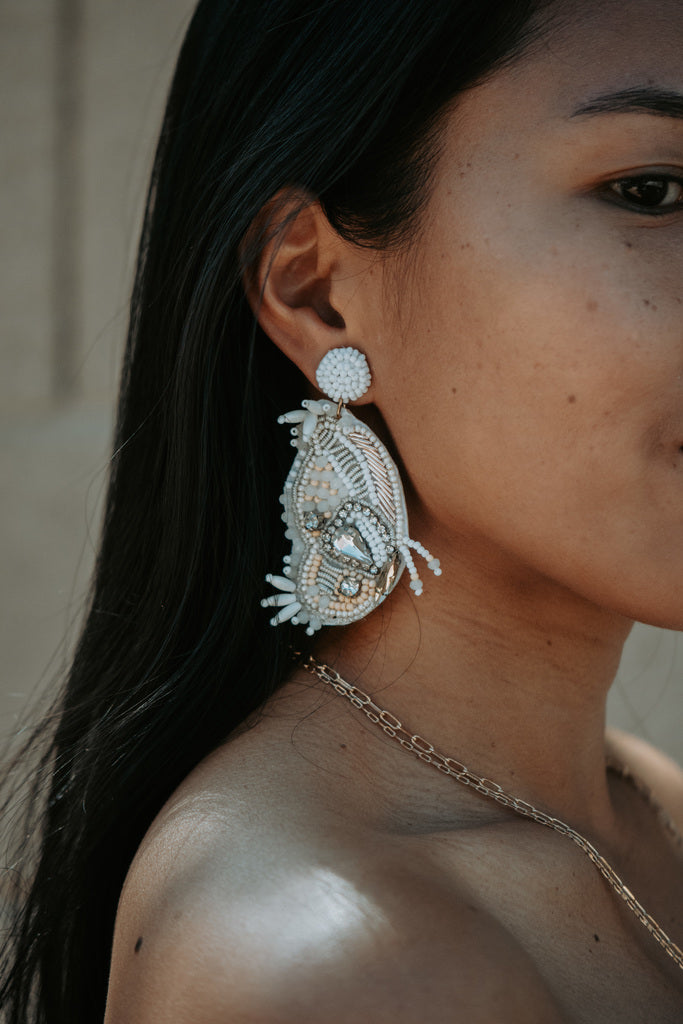 Butterfly Seed Beaded Pair Drop Earrings in Cream White
