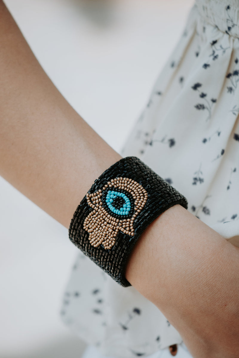 Black Evil Eye Seed Bead Open Cuff Bracelet