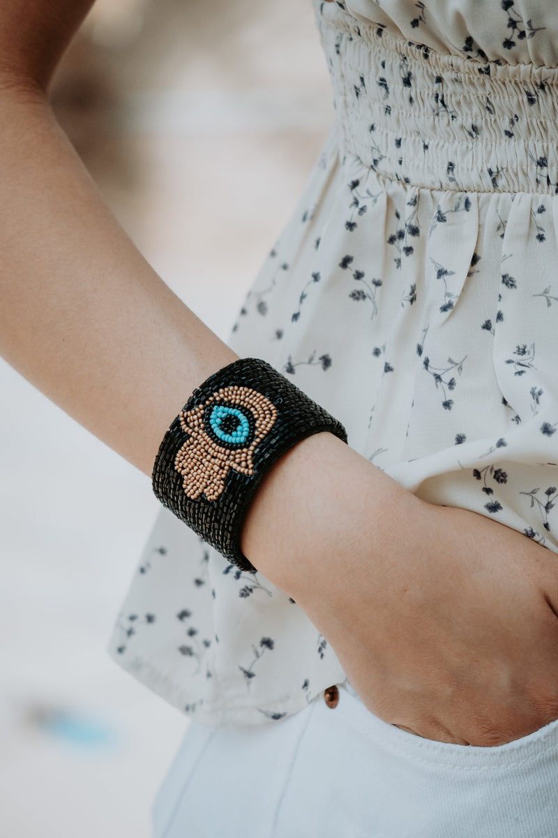 Black Evil Eye Seed Bead Open Cuff Bracelet