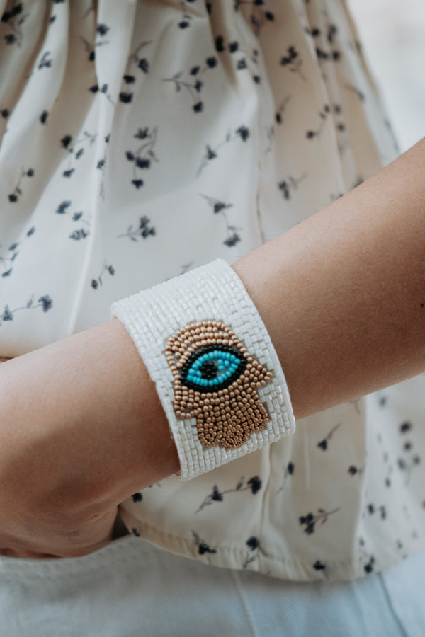 White Evil Eye Seed Bead Open Cuff Bracelet