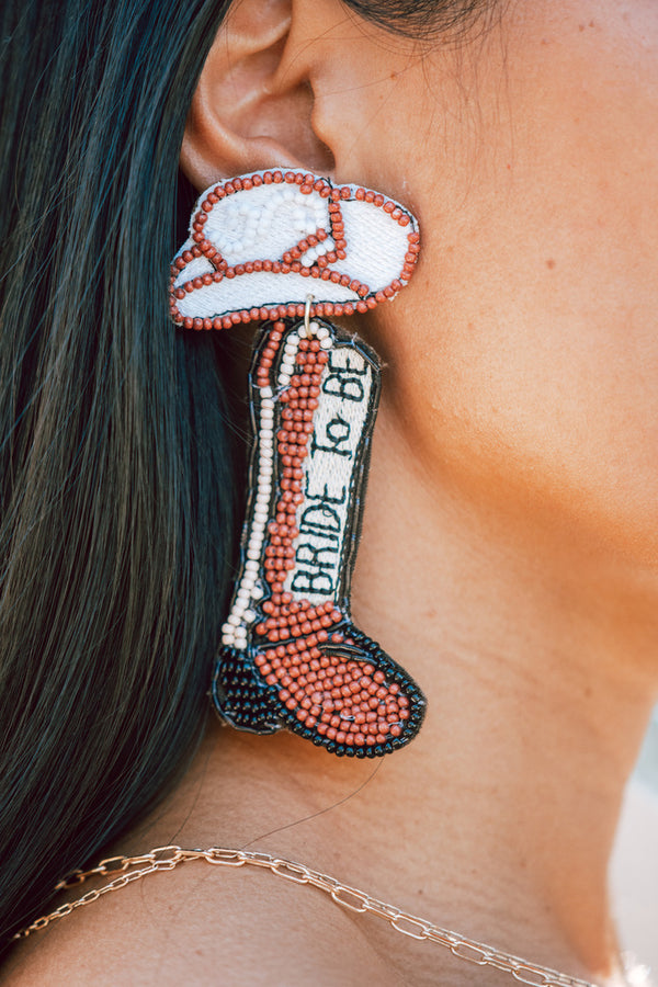 Bride to Be Seed Bead Earrings in Khaki Boots Cowboy Hat