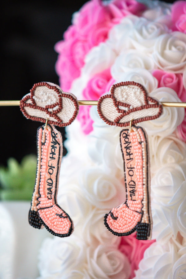 Maid of Honor Seed Bead Earrings in Pink Boots Cowboy Hat