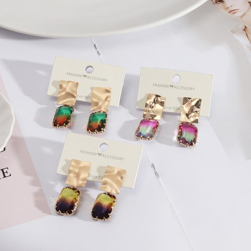 Rainbow Glass Crystal Earrings in Gold Setting
